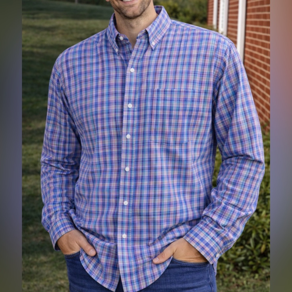 Duluth Trading Co Relaxed Fit Button Down Blue/Salmon/Teal Plaid Men's 2XL